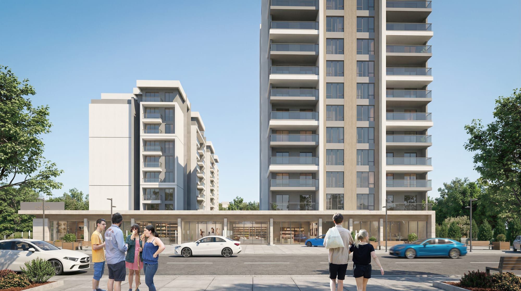 Laviva Plus cadde üstü dükkanlar renderı
