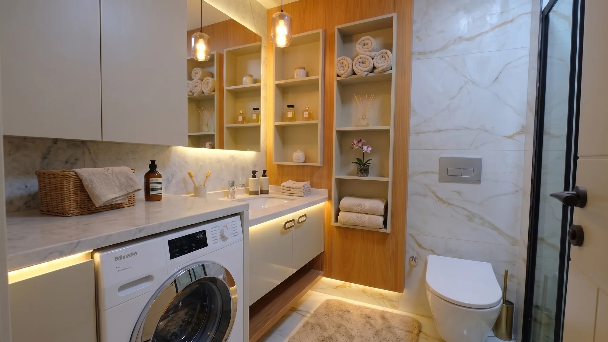 Laviva Trivium dairesinde çamaşır makinesi ve gömme rafları bulunan banyo görünümü