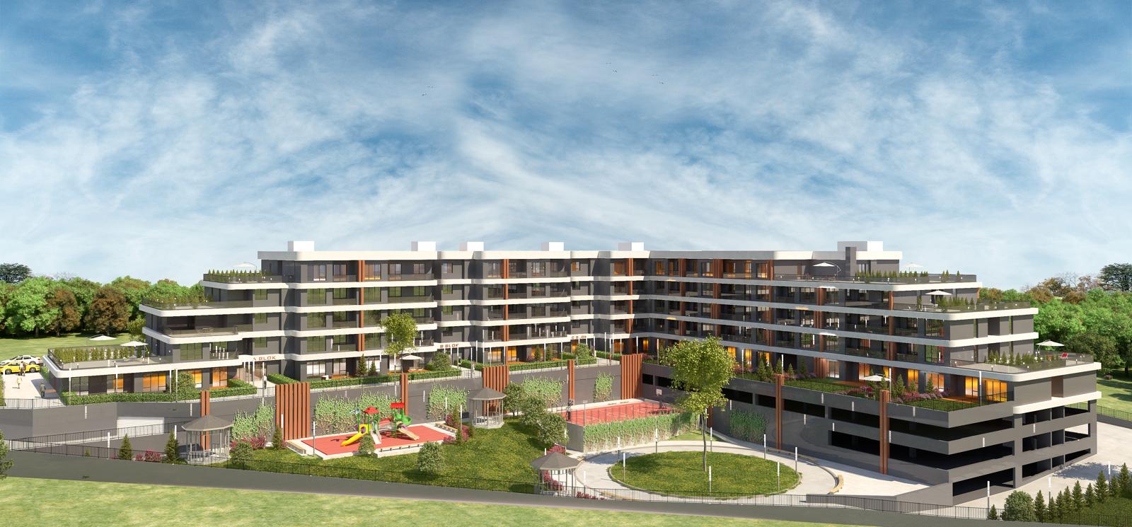 Laviva Trivium ana cephe ve blok yerleşimi renderı