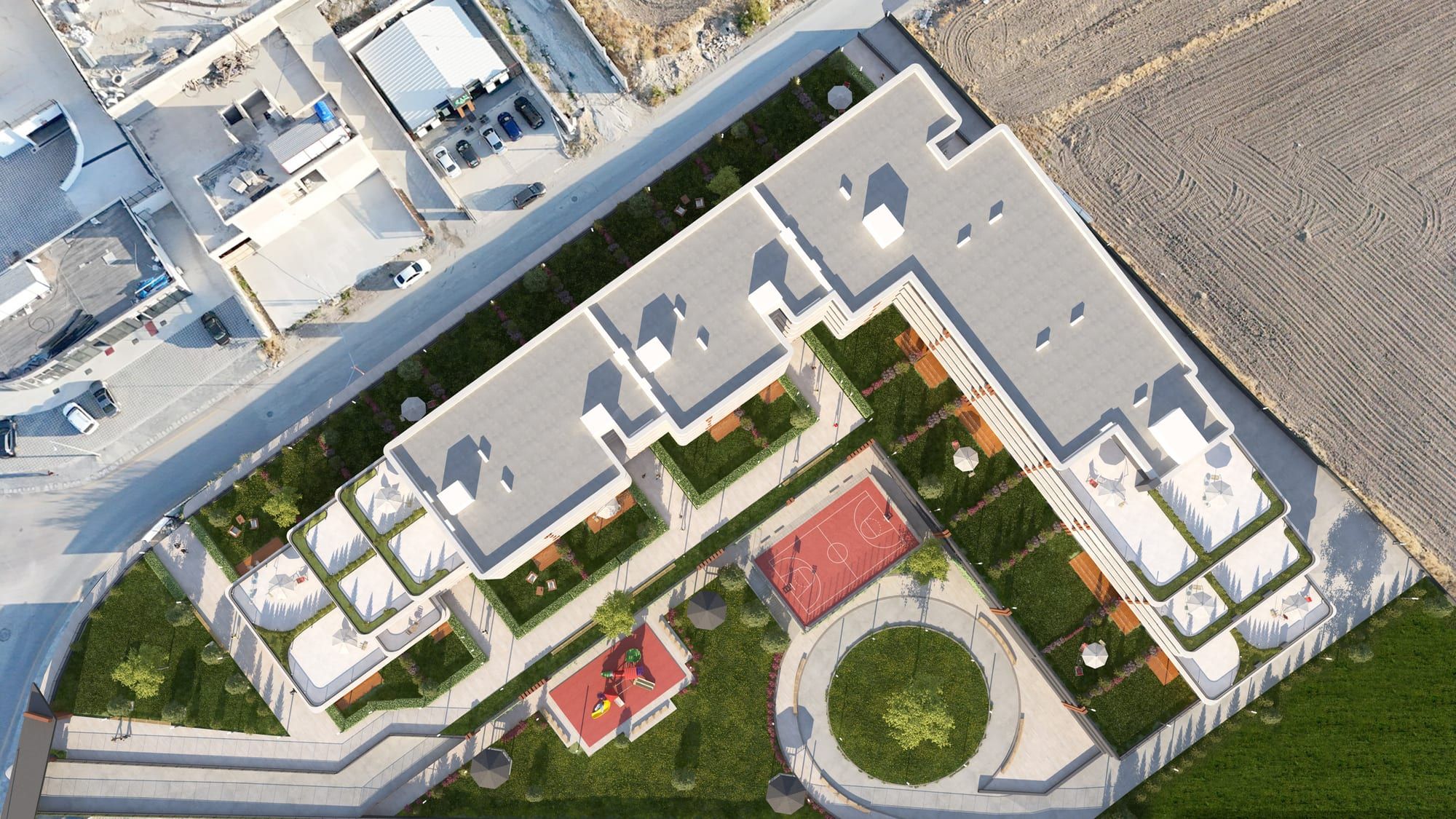 Laviva Trivium geniş kuşbakışı yerleşim renderı