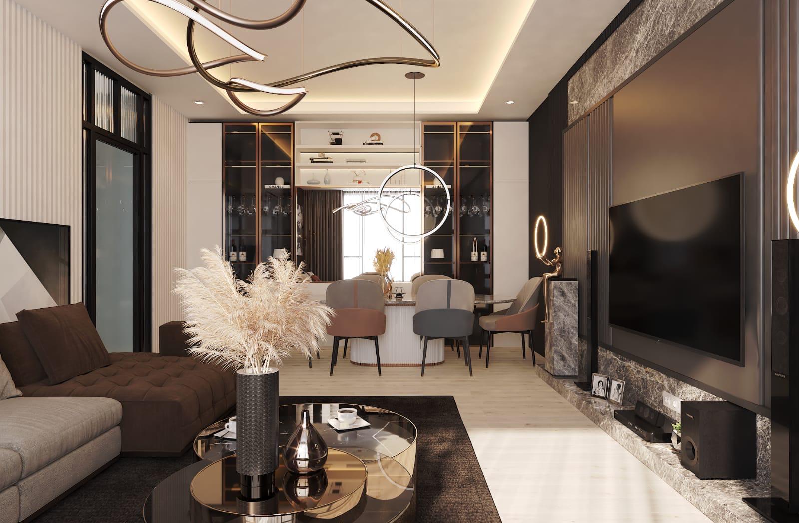 Laviva Zirve salon ve yemek alanı genel görünüm renderı
